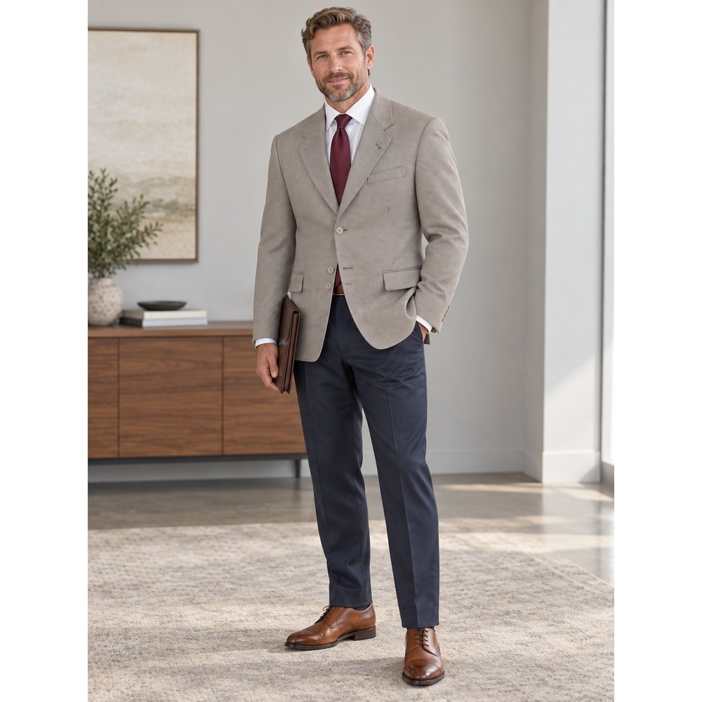 Old Money Academia GianfrancoRuffini Houndstooth Tan GrayWool 3Button 42S Jacket